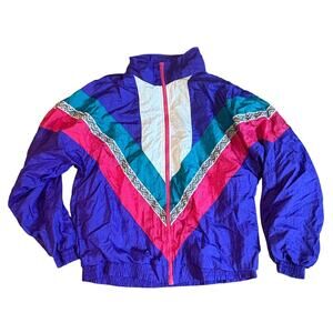 Vintage 80s 90s Colorblock Windbreaker Jacket L Retro Nylon Geometric Aztec EUC